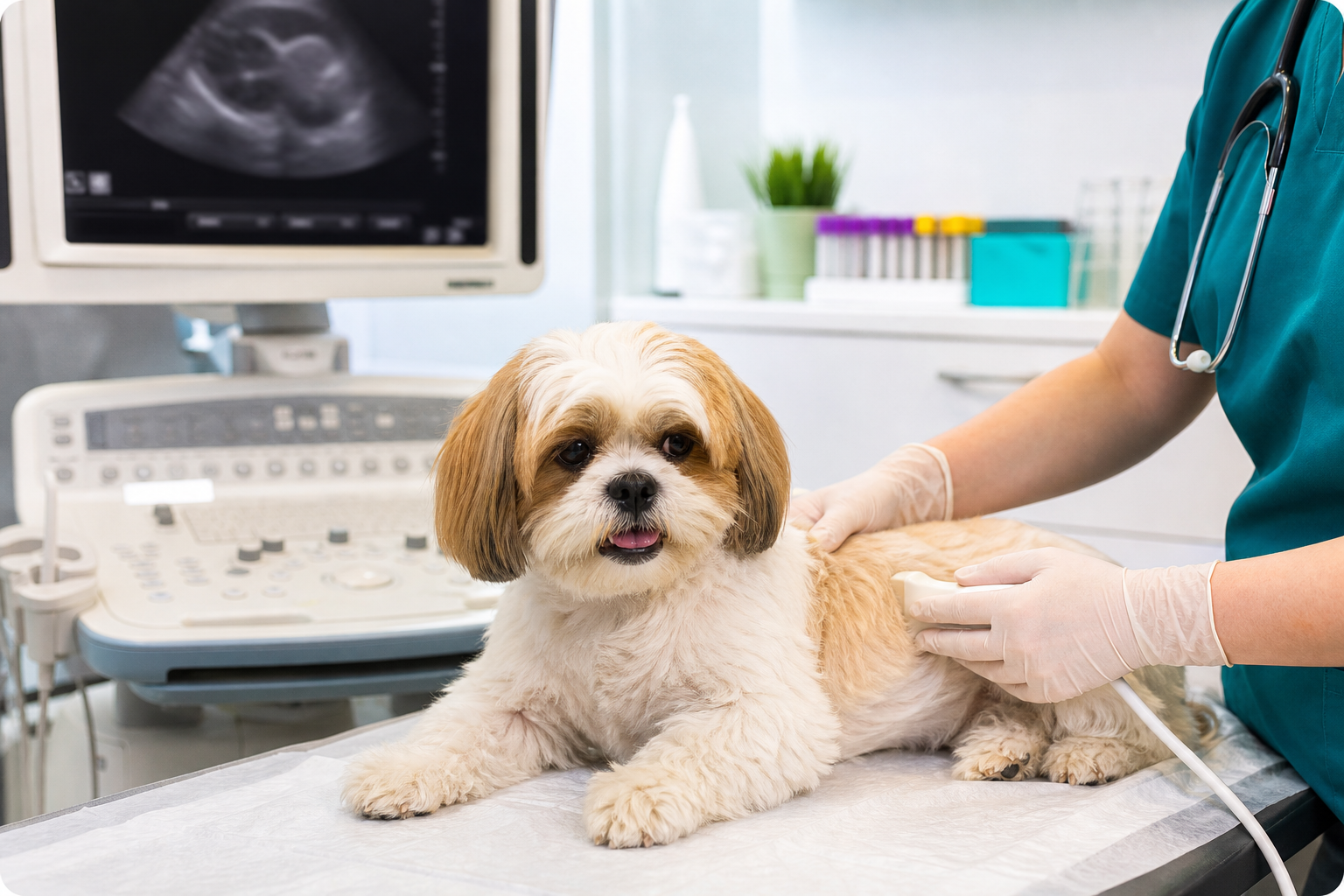Cachorro recebendo exame em sala veterinária