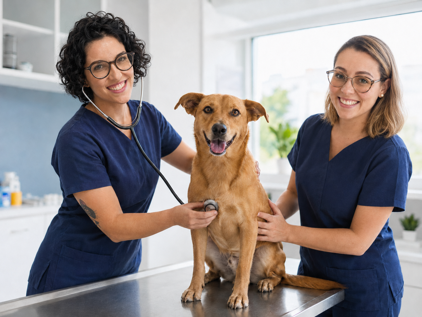 Duas veterinárias examinando um cachorro em uma clínica